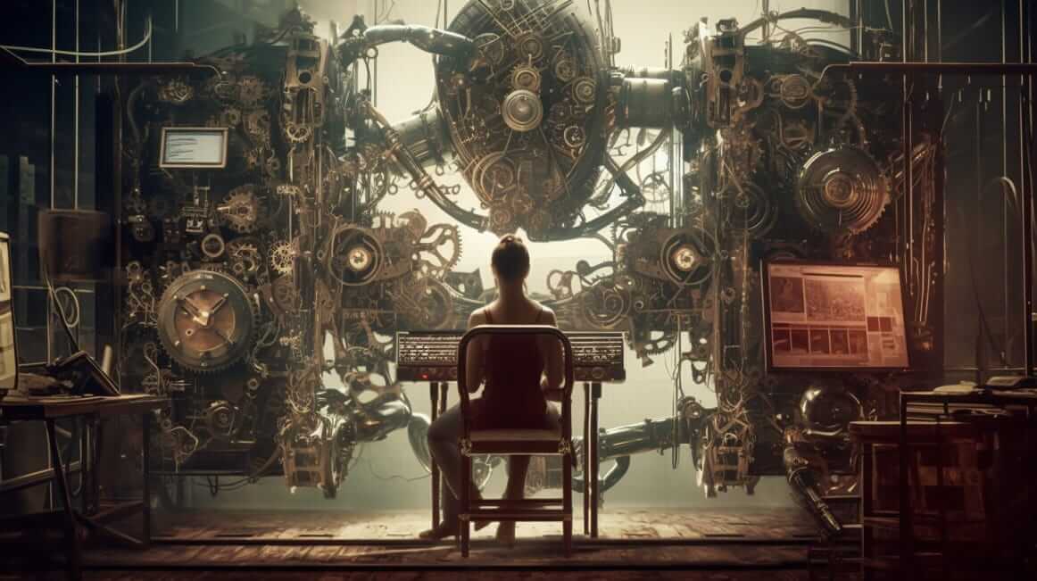 Programmiererin sitzt an Bedienungsboard vor riesiger Steampunk-Maschine mit vielen Zahnrädern und Rohren
