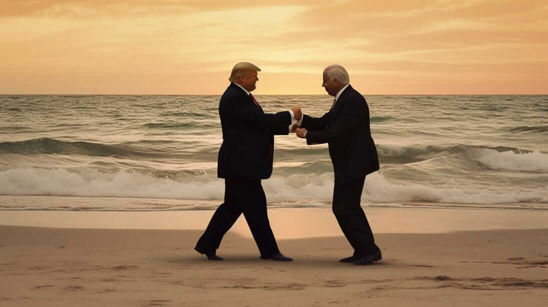 Donald Trump geht am Strand auf anderen älteren Herrn im Anzug zu und begrüßt diesen