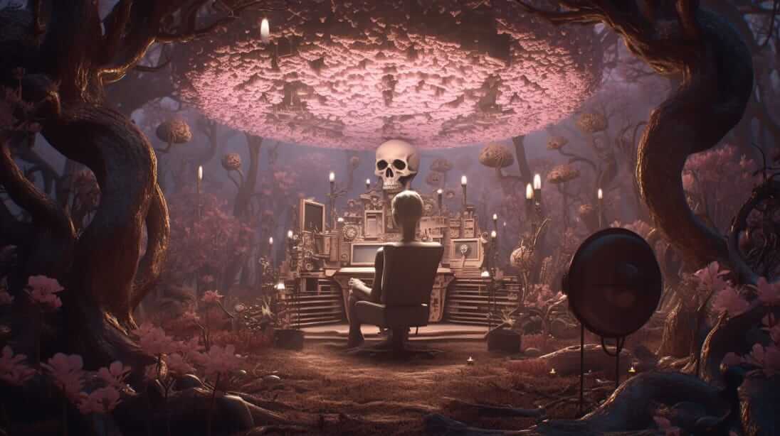 Außerirdischer Programmierer sitzt an Steampunk-Arbeitsplatz in einem Fantasy-Pilzwald, gekrönt werden seine Maschinen von einem Totenschädel
